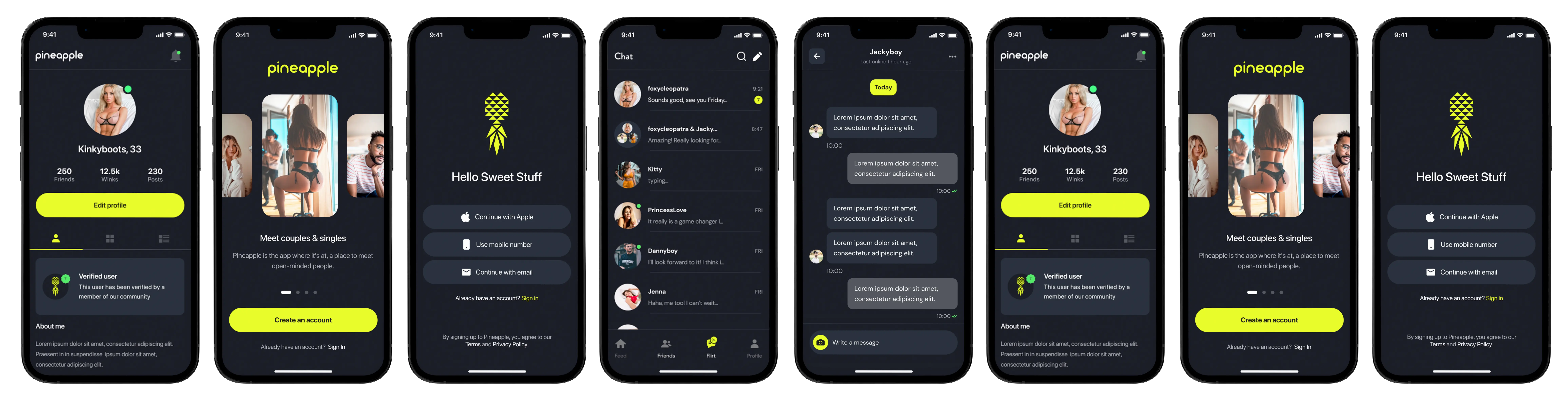 Profile, discovery and chat screens from the Pineapple Lifestyle swingers app