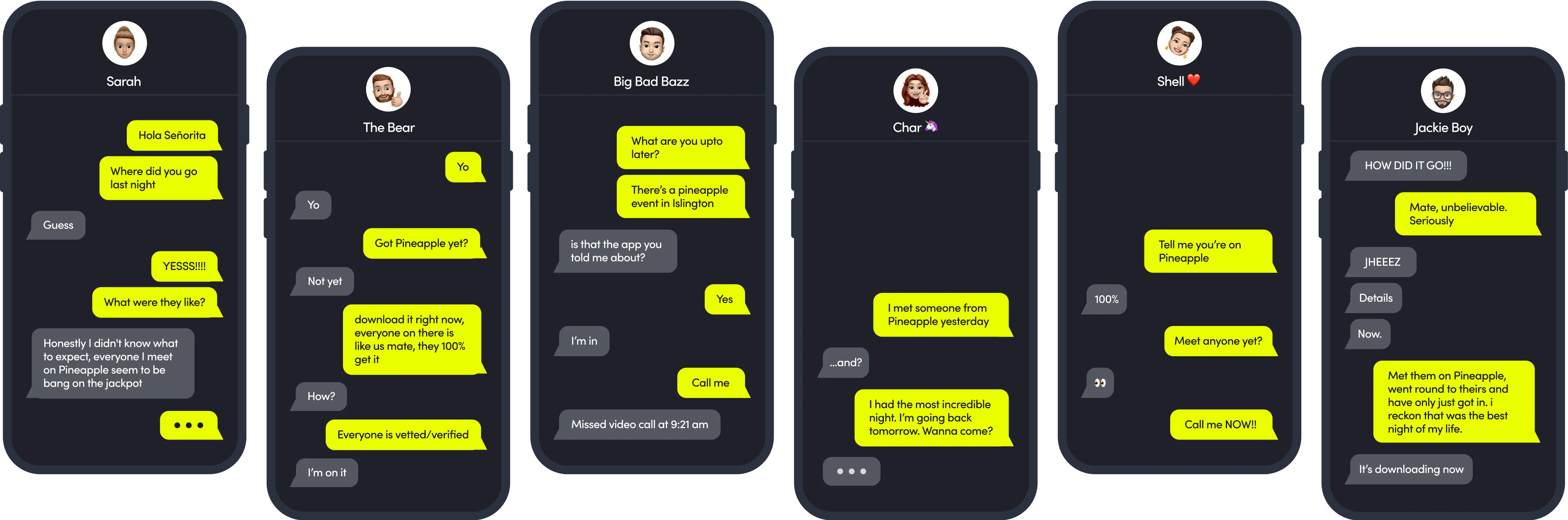 Chat messages from Pineapple Lifestyle members recommending the app